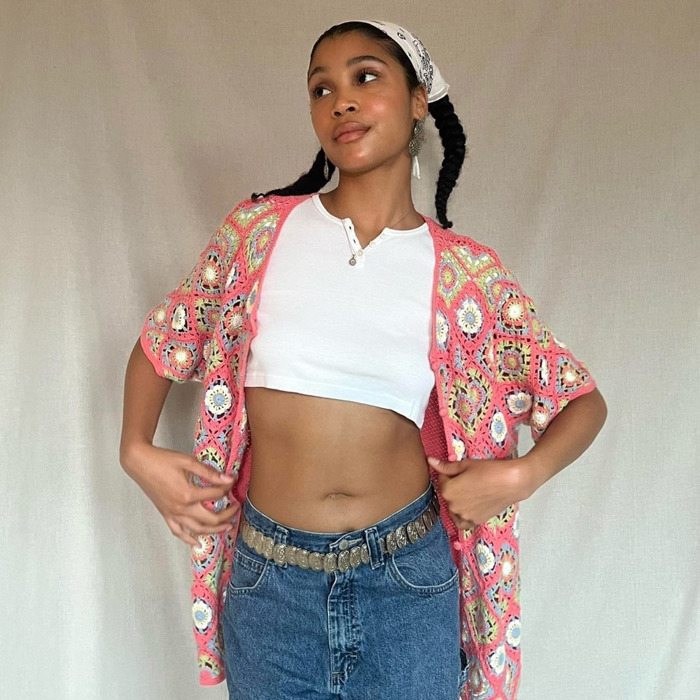 Vintage pink crochet short sleeve cardigan, BFA classics, Sz. 1X - Picture 5 of 8